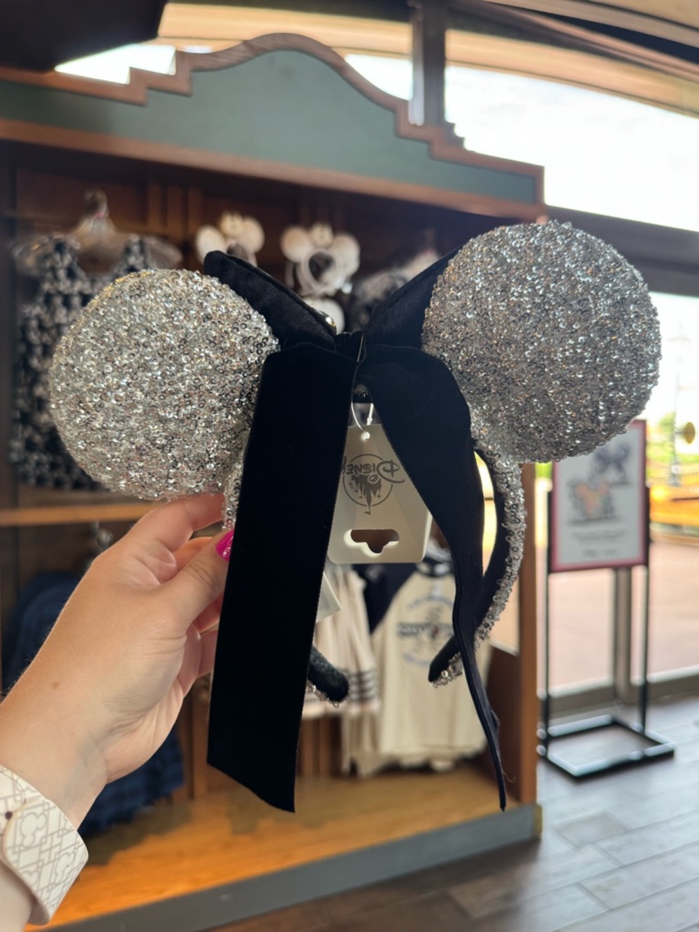 Disney Silver Sequin Minnie Ears Headband with Black Velvet Bow and Rhinestones - Picture 3 of 3